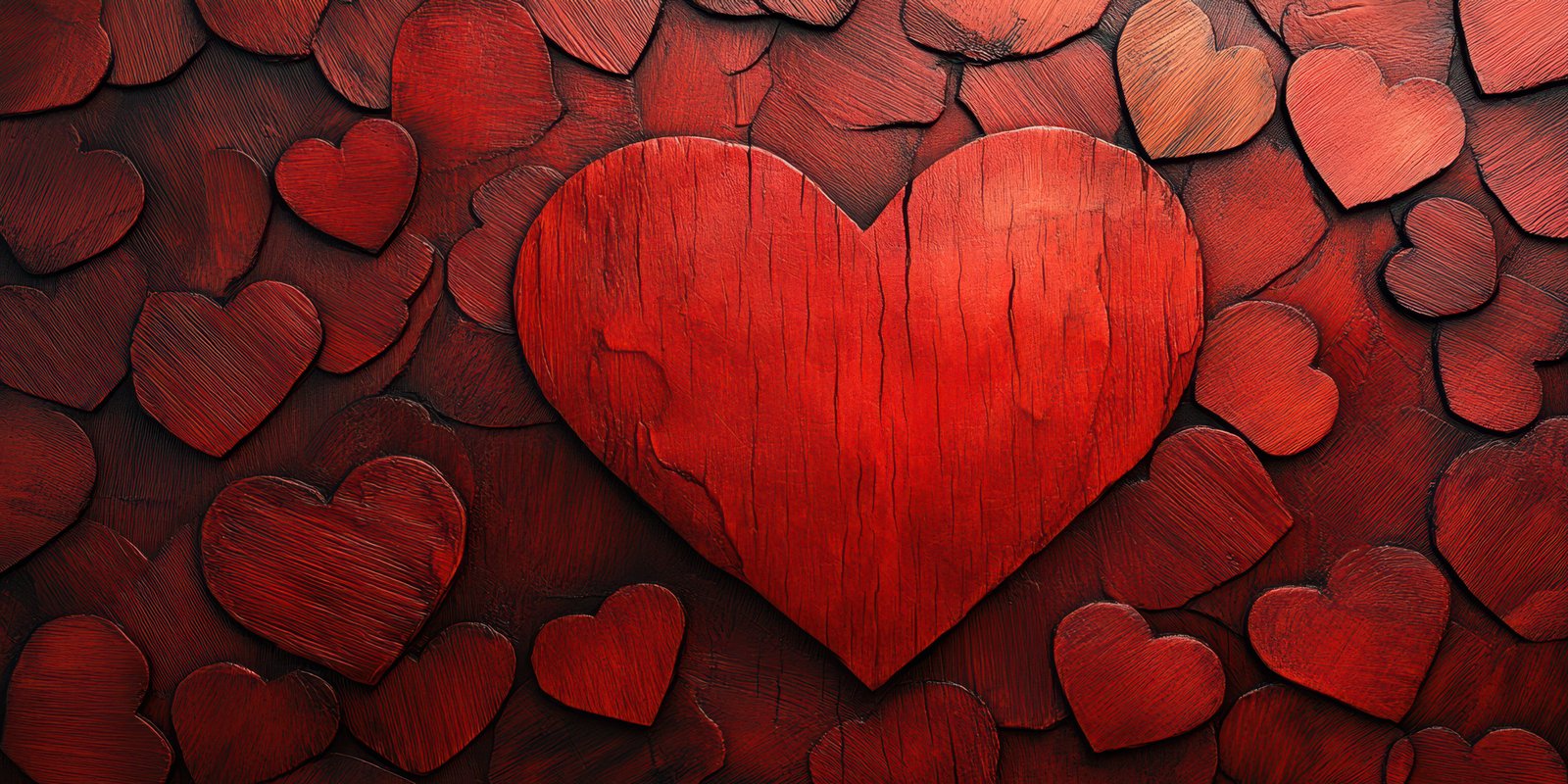 Decorative red wooden hearts arranged on a textured background create a vibrant and festive atmosphere